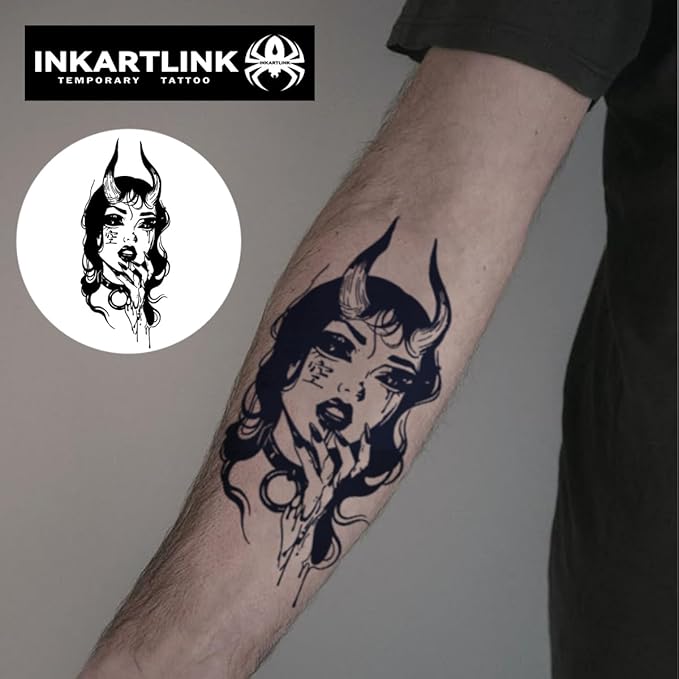 INKARTLINK Tattoo Tech, 2 Sheets Large Semi Permanent Tattoo, Adult Art Design Temporary Tattoos, Lasts 1-2 Weeks, Waterproof, Realistic Look, No Adhesive, No Reflection (Enchanting Demoness Design)