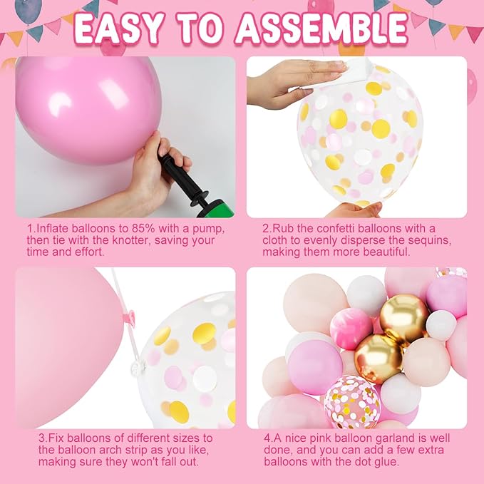 Amandir 144Pcs Pink Balloons Garland Arch Kit Light Pink Gold White Confetti Latex Metallic Balloons for Girl Birthday Baby Shower Wedding Graduation Party Decorations Supplies
