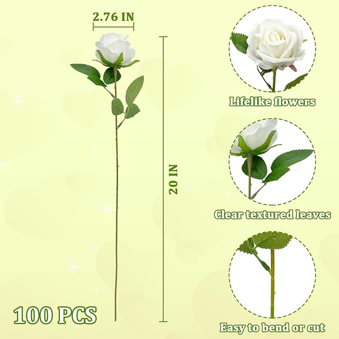 Wondrus Bulk Artificial Flowers 100 PCS, Fake Velvet Silk White Roses with Long Stems Realistic Bouquet for Wedding Centerpieces, Faux Arrangement for Home Table Decor