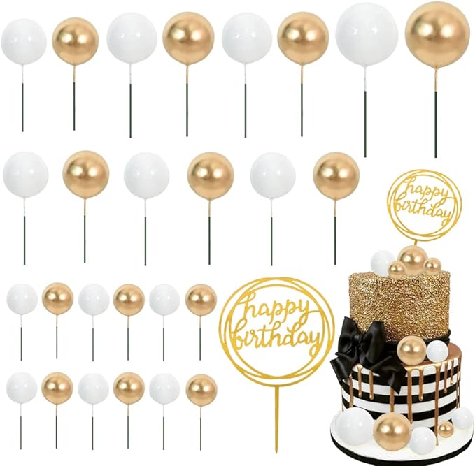 BEISHIDA-Cake Topper Gold 27 Pack Cupcake Topper with Mini Balls, Happy Birthday Acrylic Toppers Insert Pick DIY for Cake Decorations Anniversary Wedding Baby Shower Party (Gold/White)