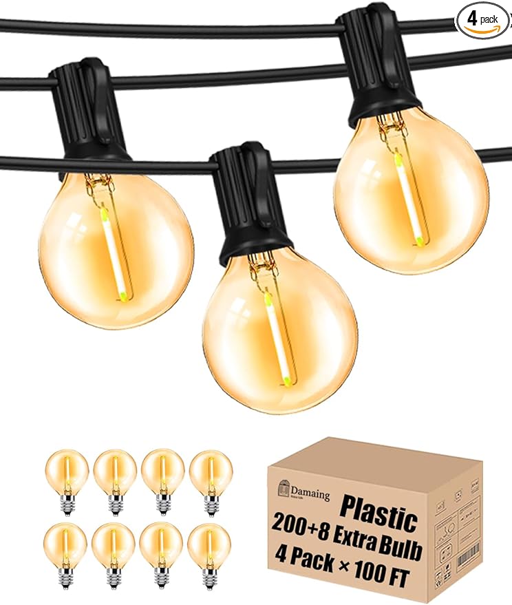 Outdoor String Lights 400FT Patio Lights with 208 shatterproof G40 dimmable Globe LED Bulb, Waterproof connectable Outdoor Lighting for Backyard Porch Balcony gazobo, 4-Pack 100FT,Black
