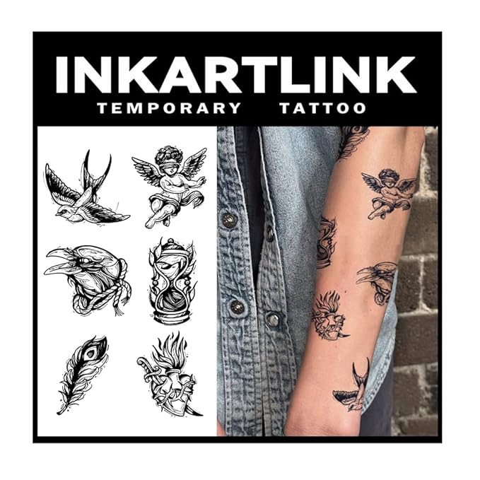 INKARTLINK Tattoo Tech, 2 Sheets Medium Semi Permanent Tattoo, Adult Art Design Temporary Tattoos, Lasts 1-2 Weeks, Waterproof, Realistic Look, No Reflection (Angel Totem)