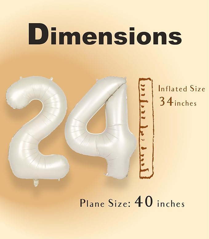 SUWEN 40 Inch Large Cream White 24 Number Balloons Big Foil Helium Number Balloons 0-9 Jumbo Happy 24th Mylar Birthday Party Decorations for Women or Men 42 Anniversary Party Supplies