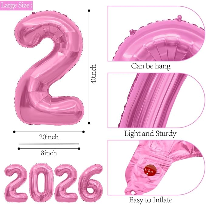 2026 Balloons, 40 Inch 2026 Number Balloons Pink 2026 Balloon Large Foil New Year Balloon Numbers 2026 Mylar Baloons for Birthday Christmas Graduation New Years Eve Party Supplies Decorations