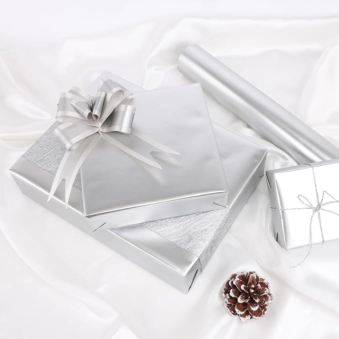 NESCCI Matte Metal Silvery Wrapping Paper, Solid Color Paper,Gift Wrapping Paper,Perfect for Wedding,Valentine's Day,Birthday, Christmas,Baby Shower,DIY Bouquet (17.5 Inches X 32.8 Feet)