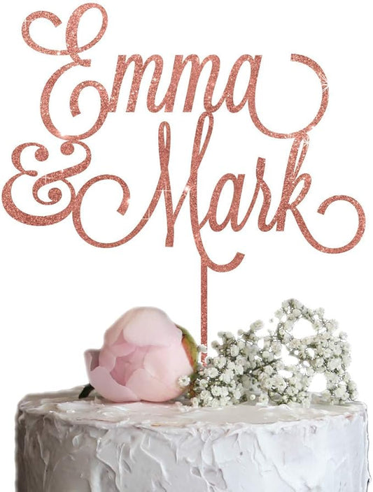 Custom Wedding Cake Topper with First Names, Personalized wedding cake topper, Calligraphy Wedding Cake Topper, Rose Gold Silver Glitter