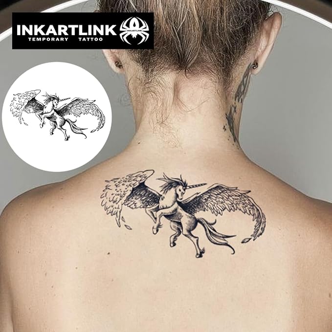 INKARTLINK Tattoo Tech,2 Sheets Extra-Large Semi Permanent Tattoo, Adult Art Design Temporary Tattoos, Lasts 1-2 Weeks, Waterproof, Realistic look, No Adhesive, No reflection (Angel Horse Design?