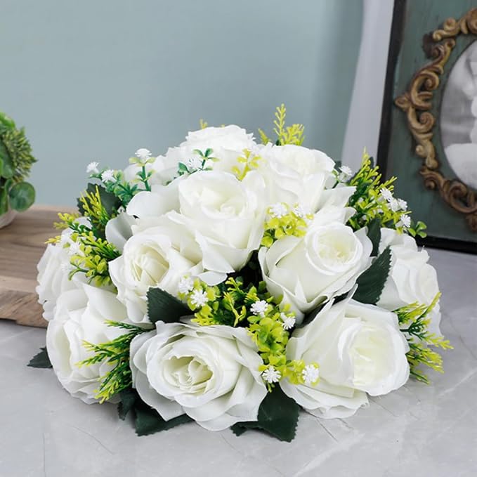 10Pcs Artificial Flower Ball Arrangement, 9.5" 15 Heads Wedding Roses Bouquet with Base Suitable for Parties Valentine's Day Wedding Centerpieces Flower Rack and Home Decor (White)