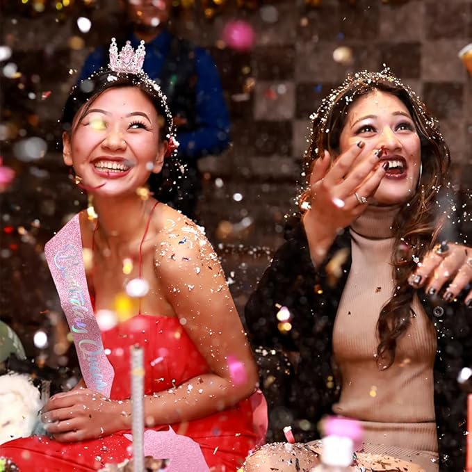 Birthday Queen Sash for Women Tiara & Crowns Headbands for Girls Happy Birthday Party Accessories Favor Supllies Leona Pink Silver, 2 Pack