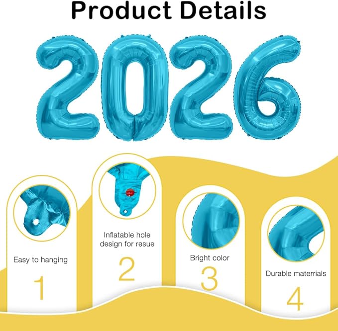 2026 Balloons, 2026 Number Balloons, 2026 Blue Balloon, Foil Happy New Year Balloon for New Year Eve Party Supplies 2026 Graduation Decorations Anniversary Birthday Home Office Decorations, 16 Inch