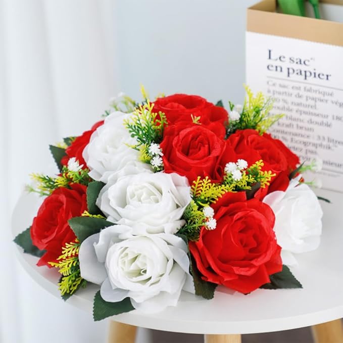 10Pcs Artificial Flower Ball Arrangement, Fake Floral Centerpieces Wedding Roses Bouquet for Parties Valentine's Day Wedding Centerpieces and Home Decor (Red & White)