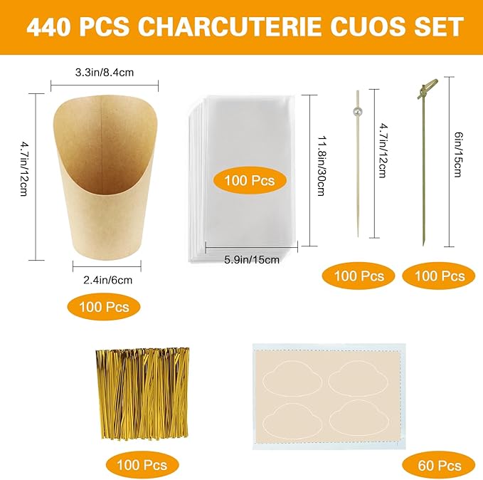 60 PCS 14 oz Disposable Charcuterie Cups Set with 200 Cocktail Skewers, 60 Portable Bags, 60Labels, Individual Brown Kraft Paper Appetizer French Fry Holders Snack Boxes for Parties