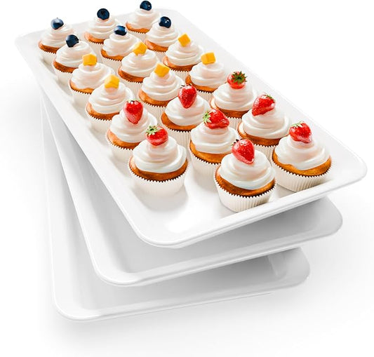 Extra Large Serving Tray Melamine Plastic for Party Supplies, 17" x 8.6" Platters for Serving Food, 3 pcs White Reusable Tray for Veggie, Snack, Fruit, Cookies, Desserts in Kitchen/Pantry Organization
