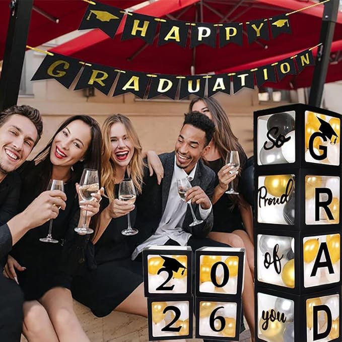 2026 Graduation Party Decoration Black Balloon Boxes with Letters 2026 Grad & So Proud of You and 20 pcs Ballons