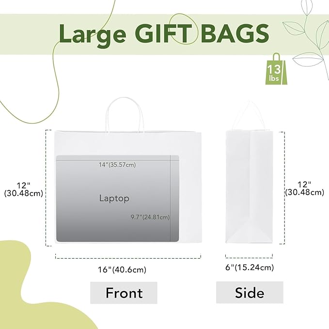 MESHA Gift Paper Bags 200 Pack 16X6X12 White Large Shopping Kraft Bags Bulk with Handles Reusable for Business,Grocery,Birthday,Wedding,Kids Party,Favors