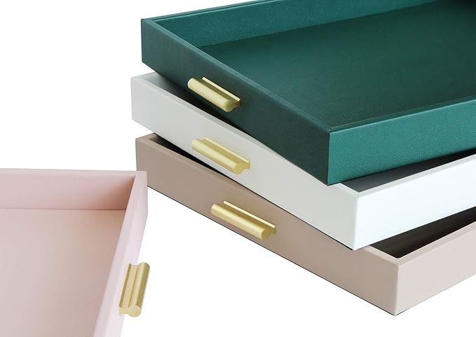HofferRuffer Extra Large Serving Tray with Handles, Elegant Faux Leather Storage Decorative Tray for Coffee Table, Ottoman, Console Table (Green Tray+Golden Handle)