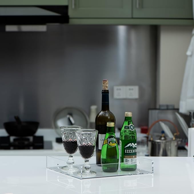 Clear Sturdy Acrylic Serving Tray with Handles 12x12x2H Inches -Spill Proof- Decorative Trays Countertop Organizer for Ottoman Coffee Table Nightstand, sidetable, Breakfast, Tea, Food