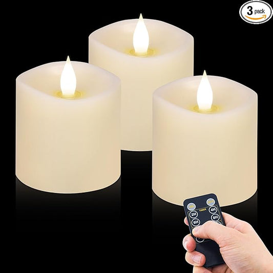 3x3 Flickering Flameless Candles Set of 3, Real Wax LED Battery Candles Flickering, 3 inch Flameless Candles with Remote,Battery Powered Candles, for Party/Wedding,Ivory