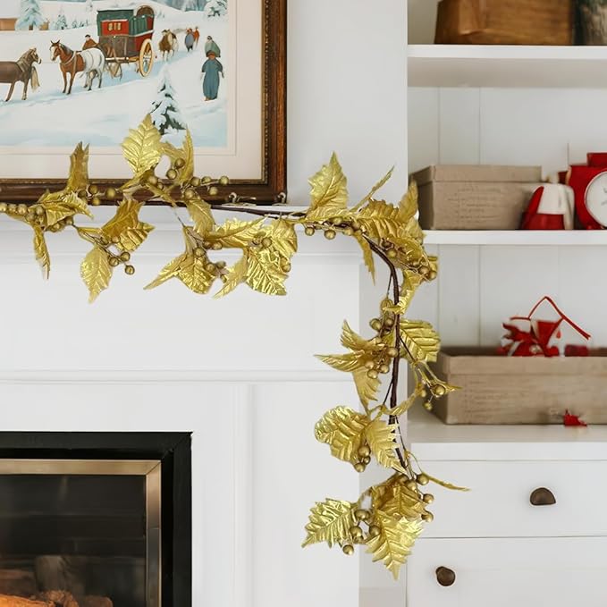72inch Christams Garland for Front Door,Artificial Golden Leaves Paired with Golden Berries for Window, Wall, Porch, and Other Indoor and Out Door Home Decorations