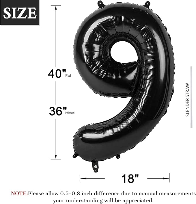 40 Inch Black Number Balloon, Reusable Foil Helium Balloon for Birthday Decorations, Party Décor, Graduations, Anniversary, Photo Shoot, Number 9, Unisex, 1 Piece