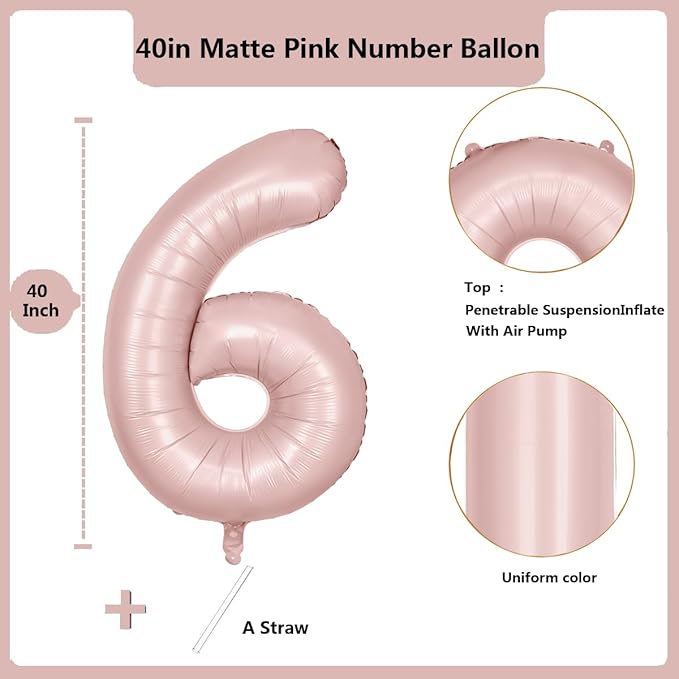 40 inch Pink Number Balloon Light Pink 6 Balloon Matte Pink Number 6 Balloon for 6th Birthday Party Decorations