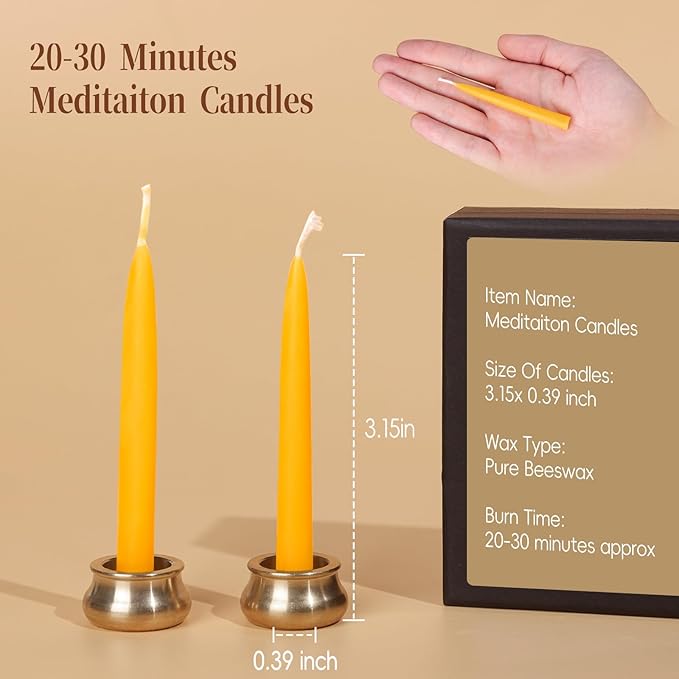 70Pcs Beeswax Candles 30 Minute Meditation Candles, Mini Taper Candles with Brass Candle Holders, Prayer Candle Gift for Yoga Relaxation