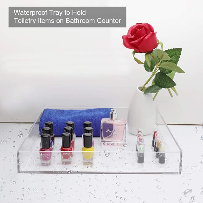 Waterproof Acrylic Serving Tray, Sturdy Thick Nightstand Dresser or Bathroom Vanity Tray Organizer for Change, Coin, Key, Phone, Glasses, Clear Acrylic Storage Valet Organizer