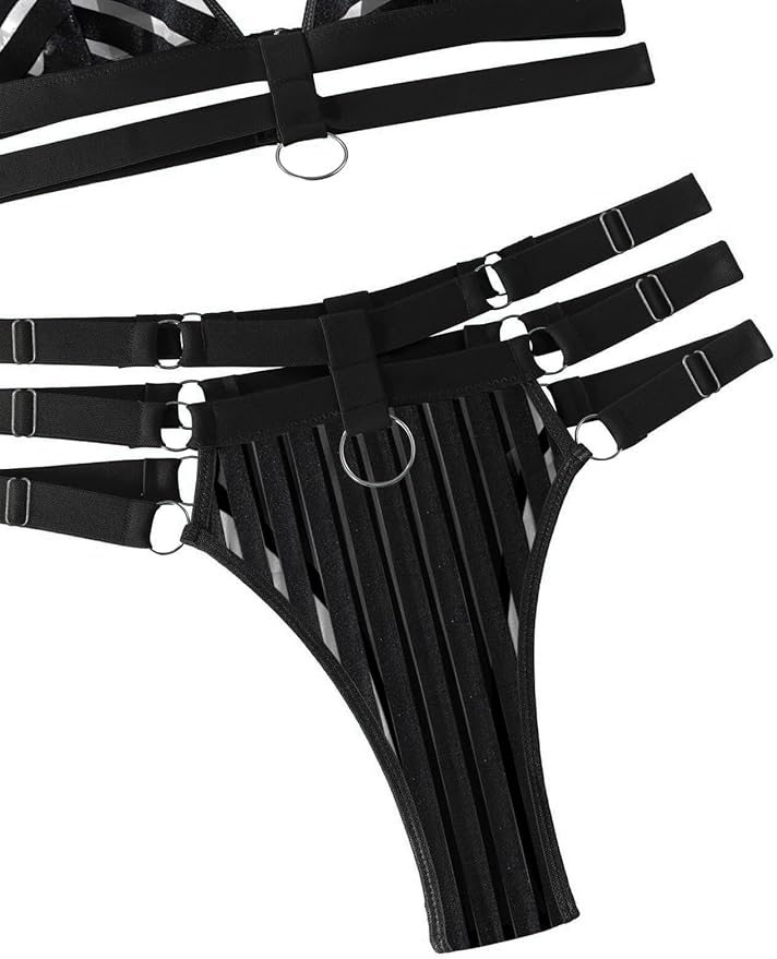 Lilosy Sexy Wireless Choker O Ring Linked Strappy Harness Lingerie Set Outfits 3 Piece