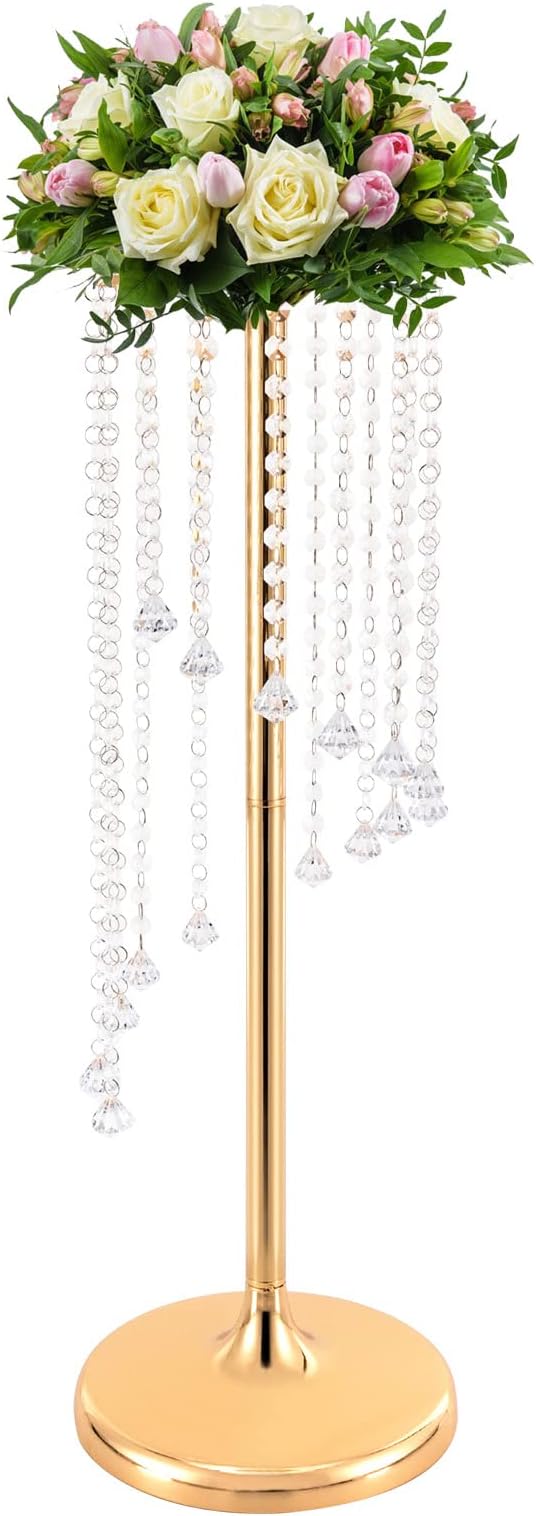 Wedding Centerpieces Gold Vases,10PCS Metal Flower Candle Holder with Sparkling Crystal Beads,Crystal Flower Vase Metal Flowers Stand for Party Tables Decorations (27.5in Gold-1)