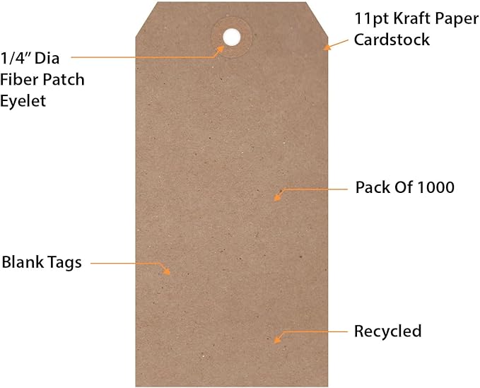 SmartSign Brown Gift Tags - Pack of 1000, 4.75" x 2.375", Size-5 Eco-Friendly Blank Tags with Reinforced Fiber Patch, 11 pt Recycled Kraft Paper Tags for Merchandise/Garments/Shipping