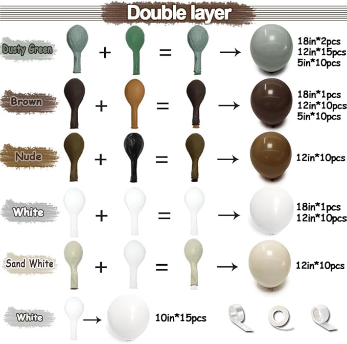 Dusty Green Nude Balloon Garland Double Stuffed Brown Blush White Sand Cream Neutral Balloon Arch Kit Sage Green Beige Balloons for Baby Shower Birthday Wedding Woodland Wild One Party Decor