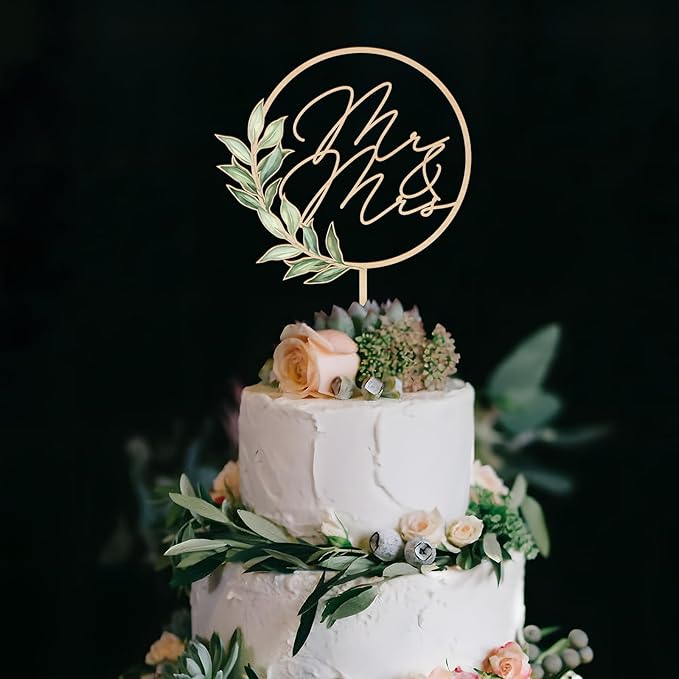 Mr & Mrs Cake Topper in Wood Greeny Wedding Cake Topper Decoration