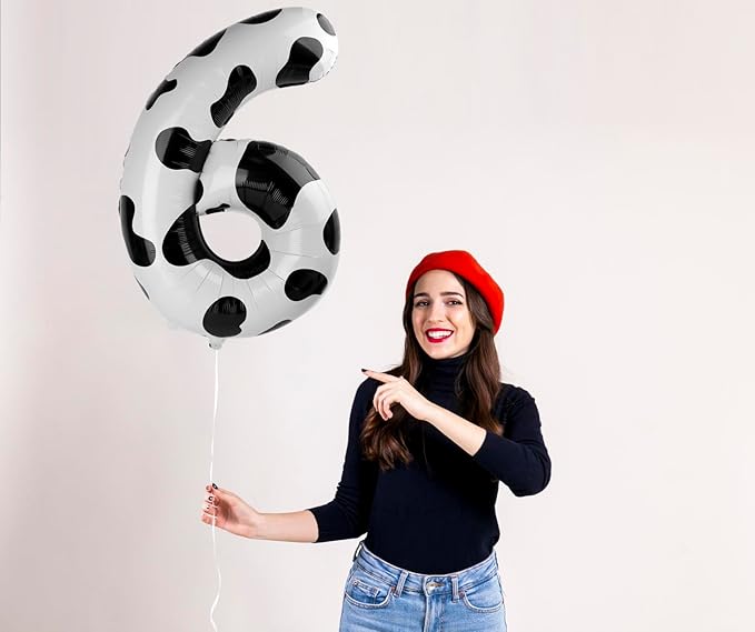 40 Inch Cow Print Mylar Foil Number 6 Birthday Balloon, Digital Balloons for 6 16 Boy Girl Party Decorations Supplies, Big Helium Balloon Numbers for 26 36 46 60 Men Women Anniversary