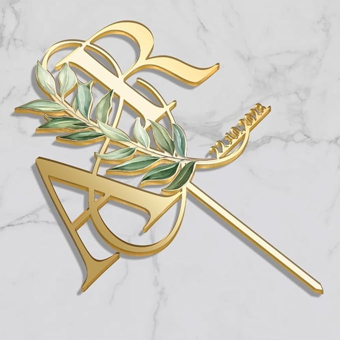 Personalized Wedding Cake Topper in Acrylic Custom Bride and Groom Initial Cake Topper Cake Decoration (Green Leaves)