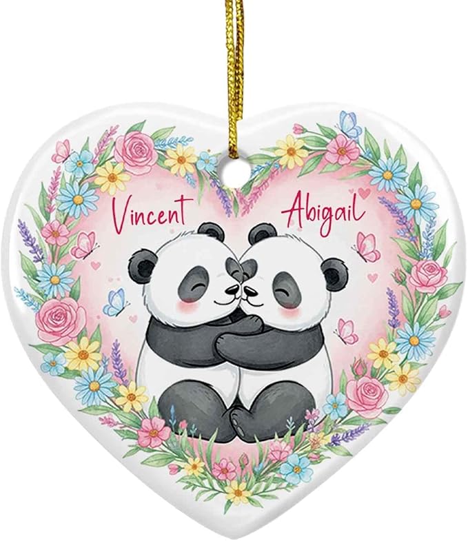 Personalized Panda Couple Ceramic Ornament Xmas, Red Panda Engaged Ornament for Christmas Tree, Engagement Anniversary Keepsake Gift, Custom Names Cute Pandas Bear 1St Xmas Together Ornaments