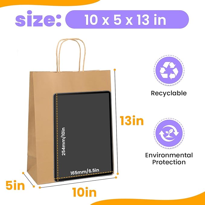 XPCARE Large Brown Paper Bags, 200 Packs 10x5x13 Inch Gift Bags with Handles Bulk Paper Bag with Handles Retail Kraft Paper Bag Brown Gift Bags for Wedding Party Shopping