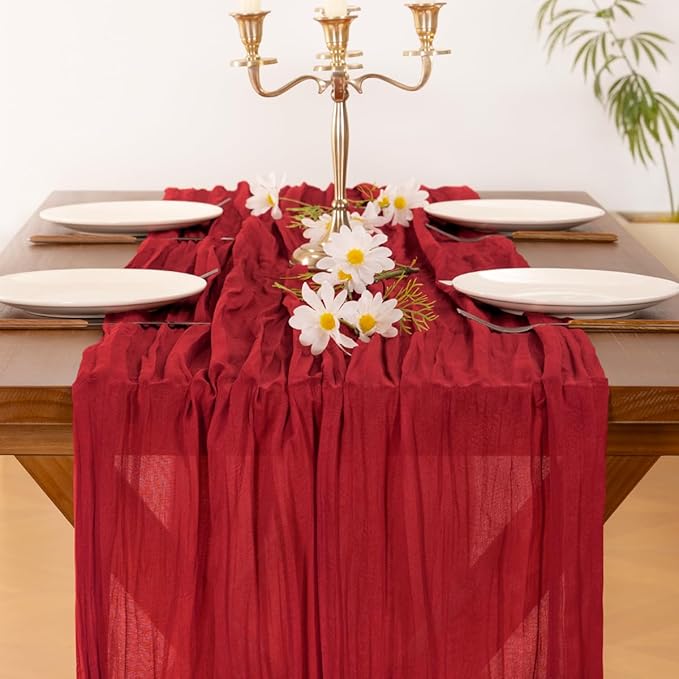 Socomi 10pcs Red Cheesecloth Table Runner Boho Rustic Gauze 120 inch 10FT Cheese Cloth Runner for Wedding Party Baby Shower Birthday Home Decor Holiday Decorations