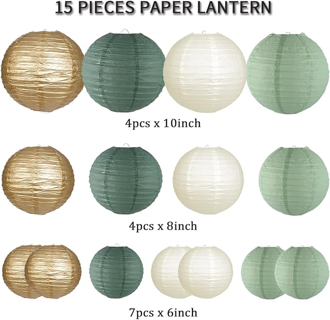 Paper Lanterns Decorative, Round Hanging Paper Lanterns Decorations for Rustic Party Bridal Shower Wedding Sage Green Birthday Party Supplies Gold/Ivory/Sage Green 15pcs