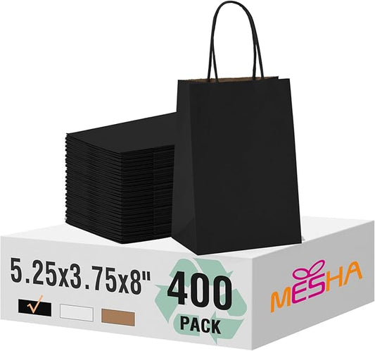 MESHA Gift Paper Bags 400 PACK 5.25x3.75x8 Inch Black Small Shopping Kraft Bags Bulk with Handles Reusable for Business,Grocery,Birthday,Wedding,Kids Party,Favors