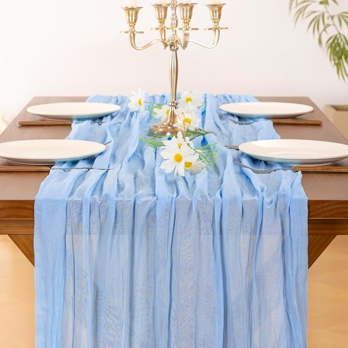 Socomi 6pcs Blue Fall Thanksgiving Cheesecloth Table Runner Boho Rustic Gauze 120 inch 10FT Cheese Cloth Runner for Wedding Party Baby Shower Birthday Home Decor Holiday Decorations
