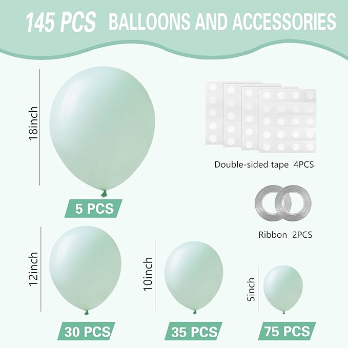 Pastel Green Balloons 145pcs Different Sizes 18 12 10 5 Inches Mint Green Latex Balloon Garland Arch for Birthday Baby Shower Wedding Anniversary Graduation Party Decorations