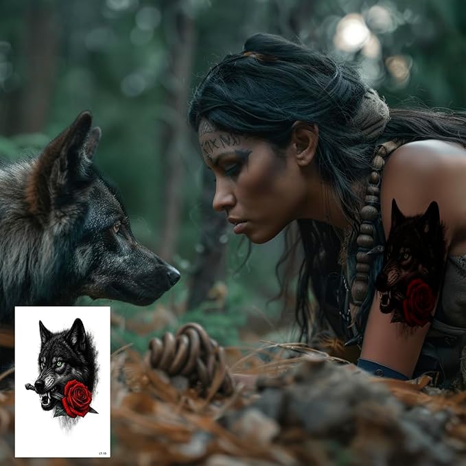 12 Sheets Large Wolf Tribal Temporary Tattoos for Men & Women – 7.4"x4.7" Black Totem Animal Fake Tattoo Stickers, Waterproof Removable Body Art for Chest Arm Back Shoulder
