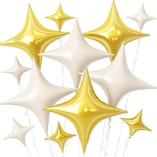 Cream White Gold Star Balloons,12Pcs Four Angle Star Foil Balloons,26Inch and 10Inch Sand White Gold Quadrangle Helium Balloon for Birthday Baby Shower Anniversary Party Decorations