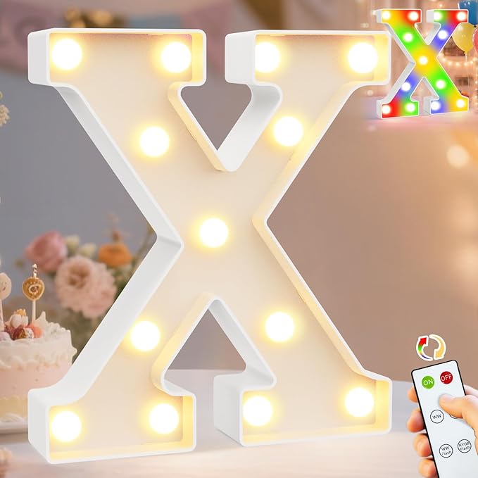 Pooqla LED Light Up Letters, Warm White and Colorful Lighted Marquee Letters with Remote, Lighted Letter for Party Birthday Decorations, Gift for Girls Boys Night Light, Wedding Home Decor, Letter X