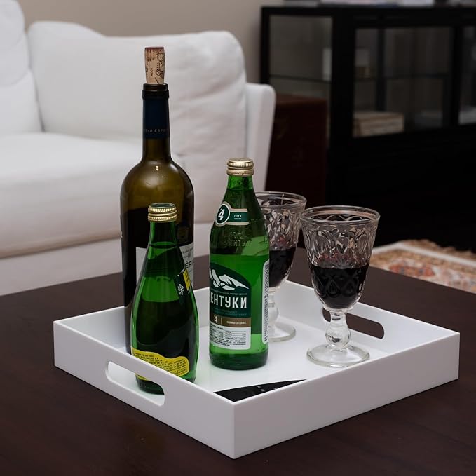 Glossy White Acrylic Serving Tray with Handles, 12x12x2H Inches - Spill Proof, Decorative Trays for Countertop, Ottoman Coffee Table, Nightstand, Breakfast, Tea, Food