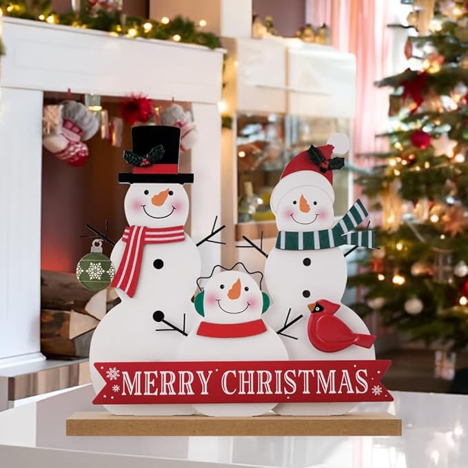 Christmas Decorations for Home Farmhouse Merry Christmas Decor Indoor Wooden Snowman Sign Snowmen Family Rustic Winter Vintage Holiday Block Tabletop for Kitchen Xmas Party Mantel Tiered Tray Gift