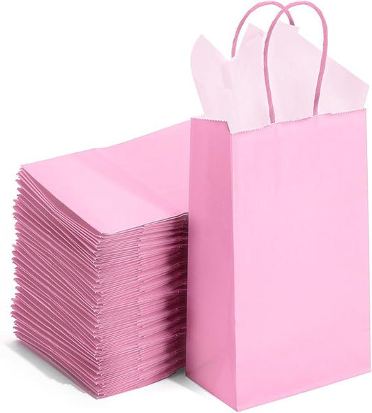 DjinnGlory 100 Pack Small Sized Pink Paper Gift Bags with Handles Bulk for Small Business, Boutiques, Baby Showers, Party Favors & Care Packages, 9x5.5x3.15 Inch