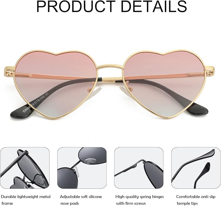 JOVAKIT Polarized Heart Sunglasses for Women Fashion Lovely Style Metal Frame UV400 Protection Lens