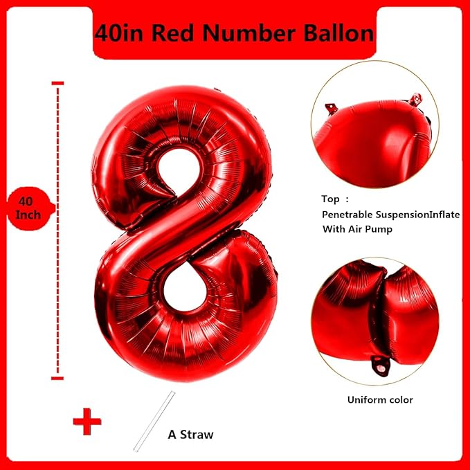 40 Inch Red Number 8 Balloon Large Red Foil Balloon Red 8 Balloons Mylar Helium Balloon for 8th Birthday Party Decorations Girls Boys Baby Shower Wedding Anniversary Decoration
