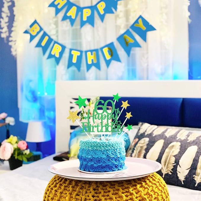Glittery 60th Happy Birthday Cake Topper with Star,Personalised 60 Birthday Cake Toppers Party Decorations Party Supplies for Boys Girls Green Gold